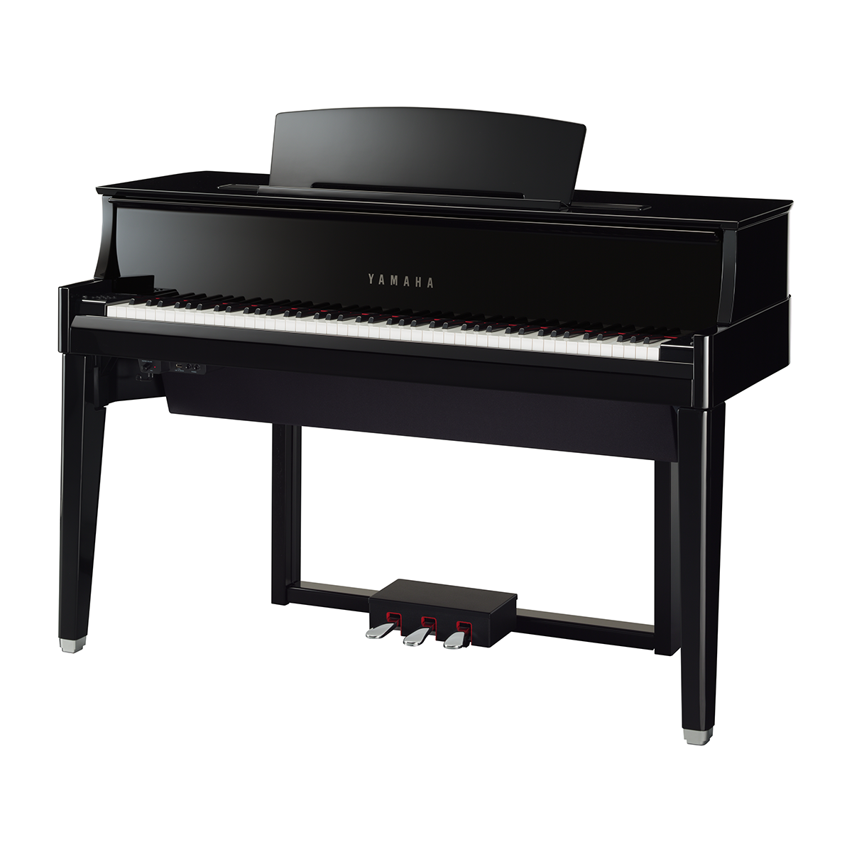 Yamaha digital piano with a sleek black finish in a showroom setting.