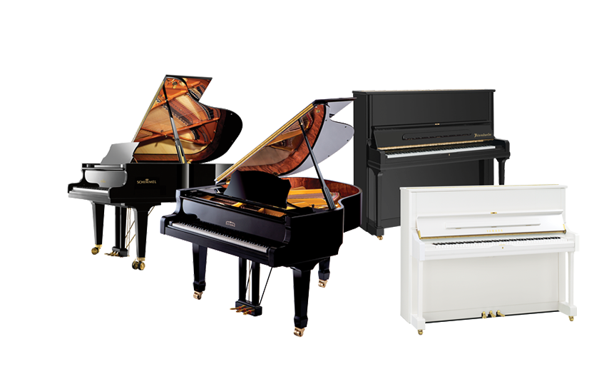 Steinway and Bösendorfer grand pianos; Yamaha black and white upright pianos in showroom setting.