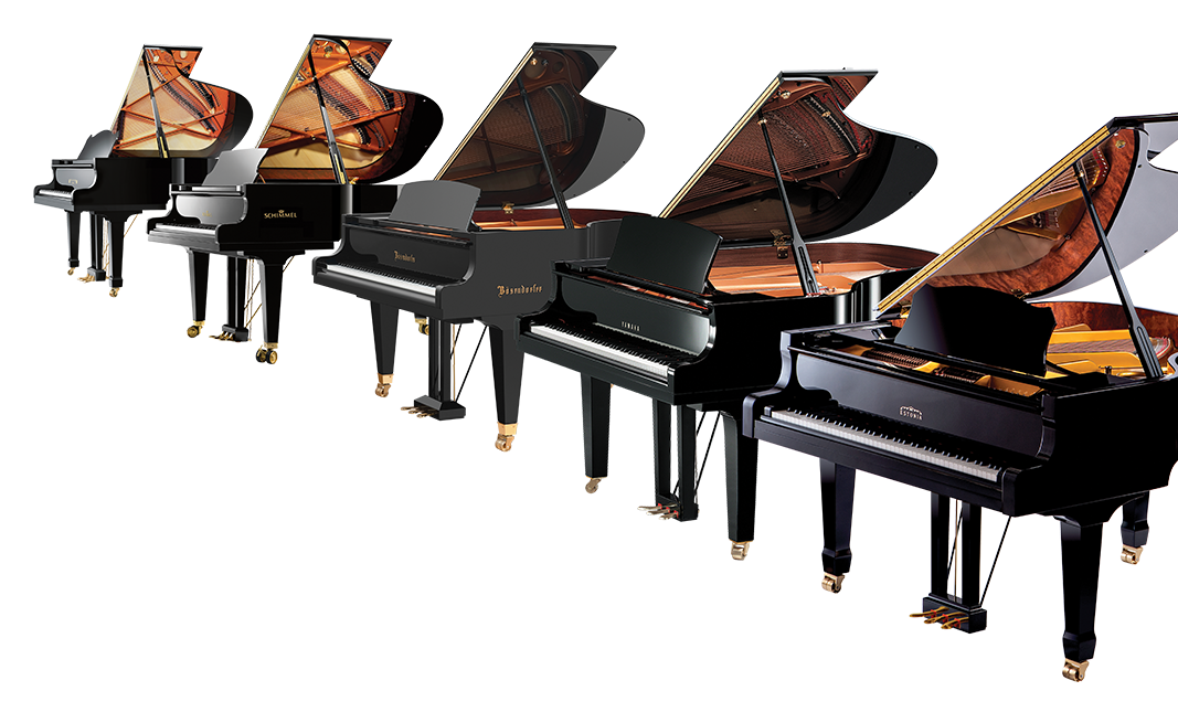 Grand pianos from various brands displayed in a showroom, featuring Bösendorfer and Yamaha models with polished finishes.