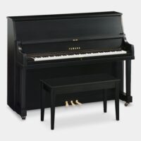 Yamaha b2 upright piano in polished ebony finish with matching bench, showcasing premium build and craftsmanship.