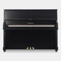 Yamaha upright piano in polished ebony finish, showcasing premium craftsmanship. Available at Las Vegas Pianos.