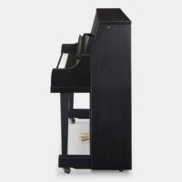 Side view of a polished ebony upright piano showcasing its sleek design and detailed craftsmanship at Las Vegas Pianos.