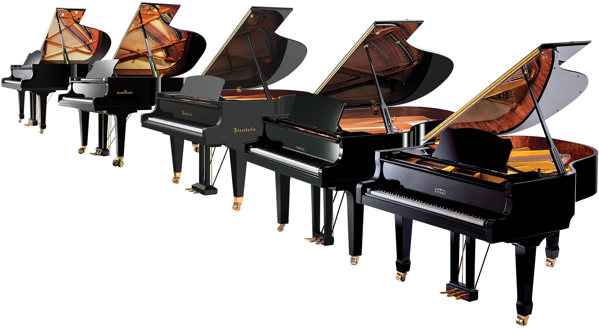 Collection of grand pianos: Steinway, Kawai, Schimmel, Bösendorfer, Yamaha, and Estonia, showcasing fine craftsmanship.