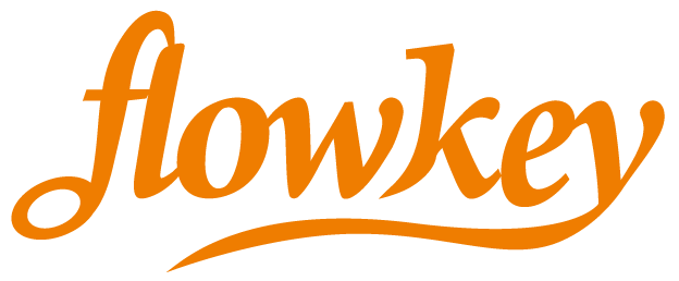 Flowkey logo for piano learning tools, featured on Las Vegas Pianos website for music education resources.