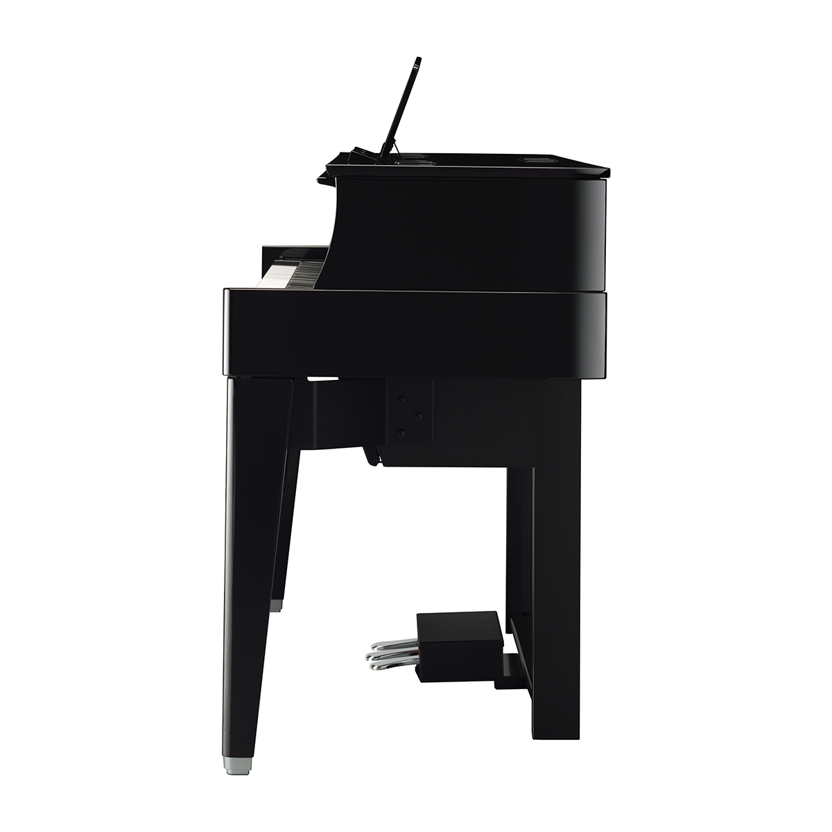 Side view of Yamaha AvantGrand N1 digital hybrid piano in polished ebony finish, showcasing sleek modern design.