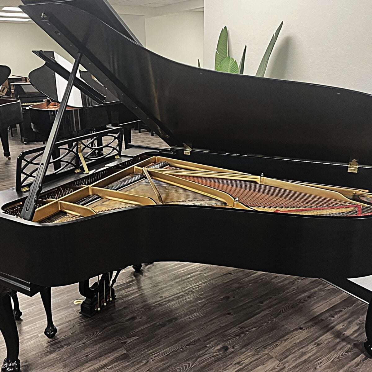Close-up of a sleek black grand piano showcasing its intricate soundboard and premium craftsmanship, perfect for performances.