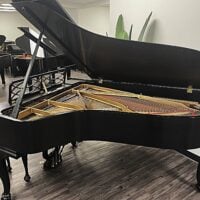 Close-up of a sleek black grand piano showcasing its intricate soundboard and premium craftsmanship, perfect for performances.