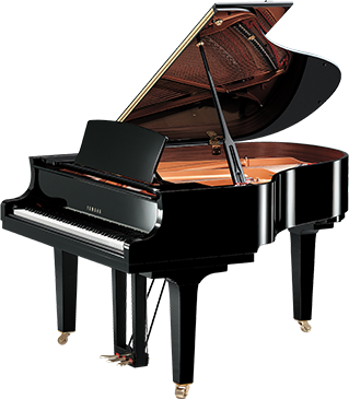 Yamaha CFX premium grand piano with polished ebony finish, showcasing its exquisite craftsmanship and sound quality.