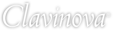 Logo of Clavinova digital pianos on a black background.