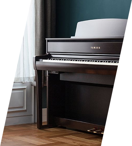 Yamaha digital piano in elegant home setting with hardwood floors and natural light.